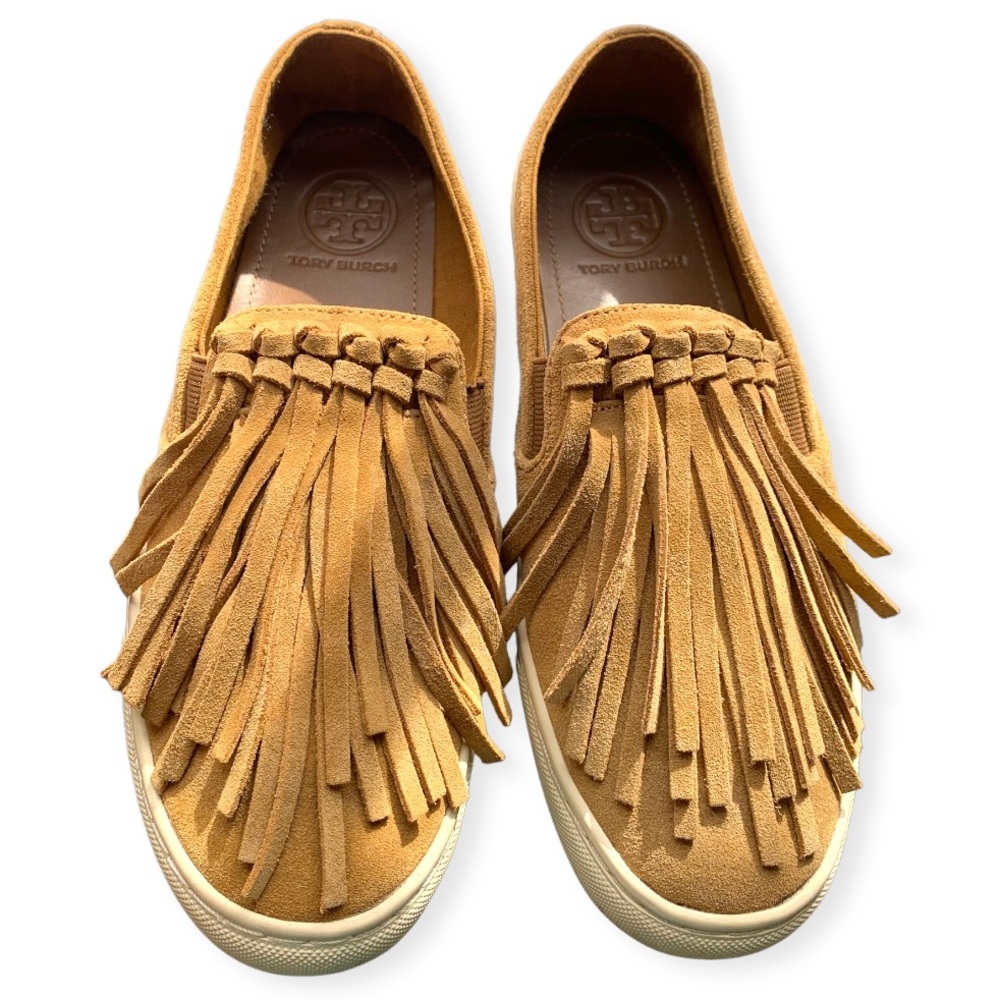 Tory Burch Vintage Fringe Moccasin Tan Suede Shoes EUC Size - 7 1/2 M